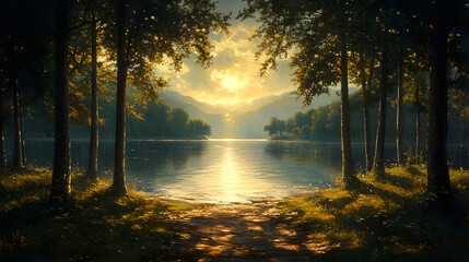 Serene sunset over a tranquil lake surrounded by lush trees and distant mountains