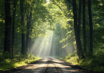 Serene Sunlight Filtering Through Lush Green Forest Canopy on a Quiet Dirt Path in Nature’s Tranquil Landscape