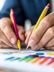 Hands using pens to analyze colorful data charts