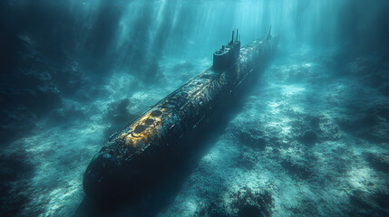 Submerged submarine resting on the ocean floor, surrounded by marine life and sunlight filtering through water