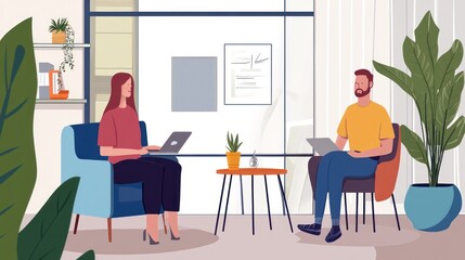 Professional meeting with a man and a woman with laptops in the office