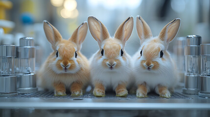 Three fluffy rabbits sitting closely together on a table in a bright, modern laboratory setting