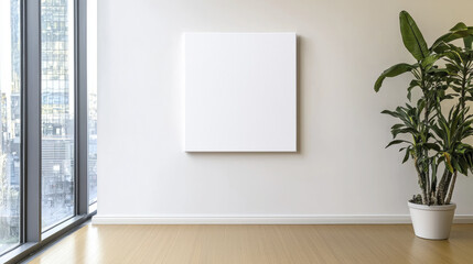 minimalist interior featuring blank canvas on wall, complemented by potted plant. serene atmosphere invites creativity and calm