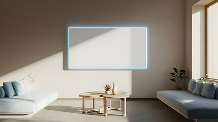 Modern Living Room Interior With Beige Walls White Sofas Wooden Coffee Table and Natural Sunlight Through Window