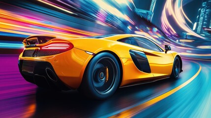 Dynamic Yellow Sports Car Racing Through Vibrant City Lights