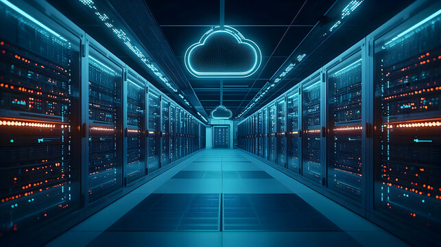 Futuristic Server Room With Glowing Blue Lights And A Cloud Icon Modern Technology