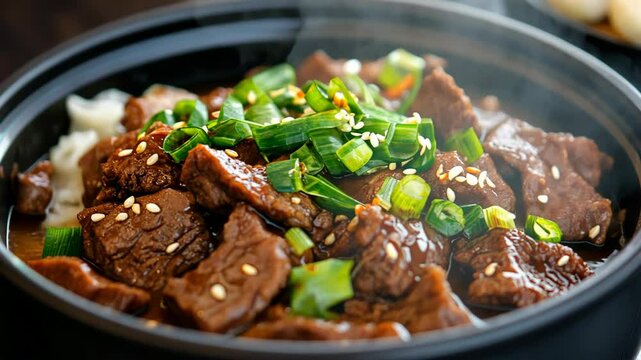vibrant bibimbap bowl with grilled meat, enoki mushrooms,