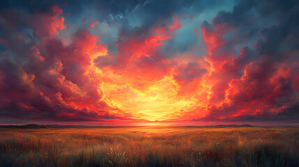 Vibrant sunset over a tranquil field with dramatic clouds reflecting warm colors