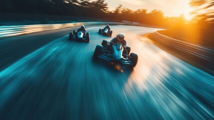 Fast Racing Cars on Track During Beautiful Sunset at Motorsport Event
