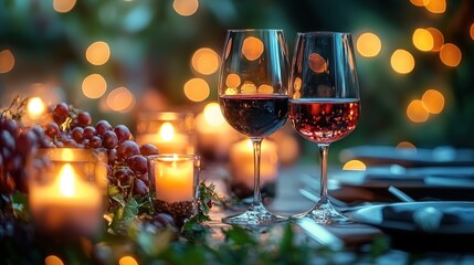 Romantic dinner setting with wine glasses, grapes, and candles