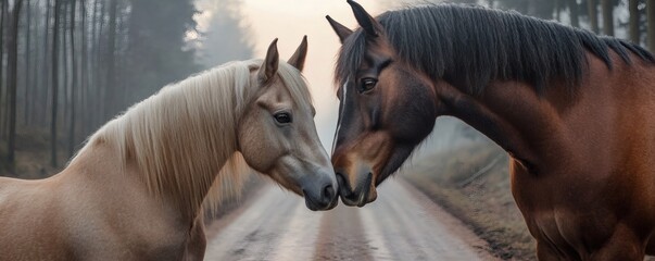Obraz premium Two horses are nuzzling noses on a misty forest road