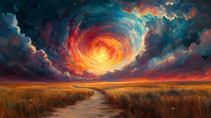 Vibrant sunset over a winding path through golden fields with dramatic swirling clouds