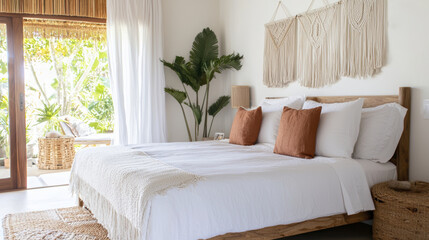 serene bedroom featuring wooden bed, white linens, and decorative wall hangings, surrounded by lush greenery