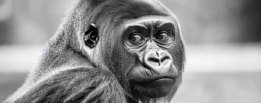 A close up black and white portrait of a gorilla looking ahead - Powered by Adobe