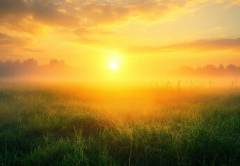 Fototapeta premium Serene Sunrise Over Misty Meadow with Vibrant Colors and Soft Light Illuminating the Landscape at Dawn