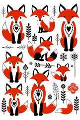 Fototapeta premium Cute red foxes in scandinavian folk art style, different expressions, sticker flash sheet.