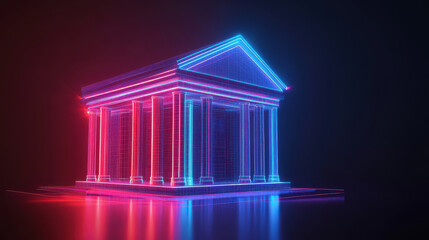 vibrant 3D render of bank building illuminated with glowing neon lights, showcasing modern architectural design. structure features classic columns and striking outline