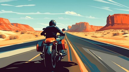 A motorcyclist riding their bike through a desert landscape on a sunny day