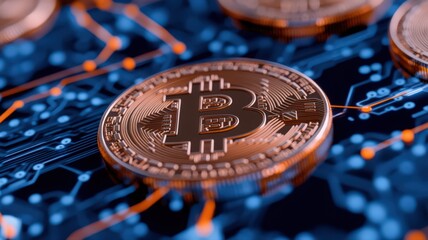 Golden Bitcoin on Circuit Board: Close-Up of Cryptocurrency