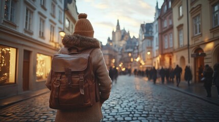 Traveler stepping out onto busy city street at night neon lights illuminating the bustling scene concept of exploration adventure and discovery with travel agency and souvenir shop