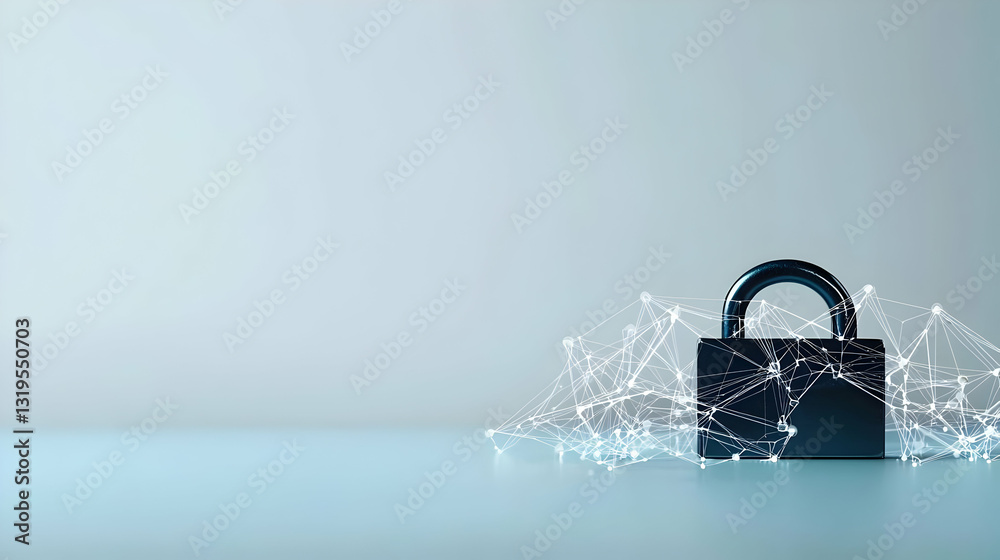 Poster 3d rendered metallic lock surrounded by a glowing plexus network on a soft blue background represent