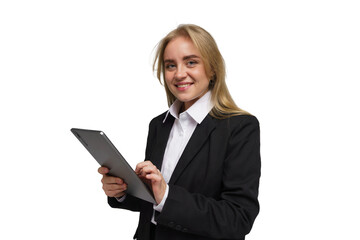 Young professional woman in formal attire uses tablet while smiling against white background