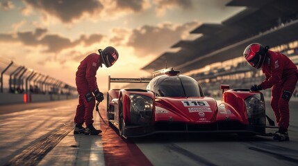 Race Car Team Refueling During Sunset at Racing Circuit