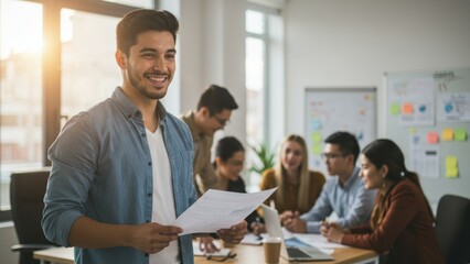 Young Hispanic male holding documents in bright office with diverse team discussing projects Themes of teamwork and motivation