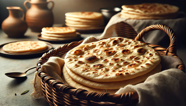 A rustic bread basket filled with freshly made chapati, emphasizing a soft, slightly charred chapati in the foreground