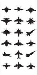 Airplane Icon silhouettes Compilation with Fighter Aircrafts, Airplane silhouette vector collection. airplane icon bundle. Using of any design vector file. aircraft icon silhouette vector icon.