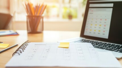 Obraz premium Calendar and Laptop, A Modern Workspace for Effective Time Management