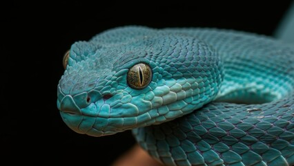 Fototapeta premium Green tree python close up displaying vibrant scales and striking eyes, highlighting exotic wildlife themes