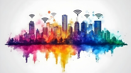 Colorful city skyline, wireless network