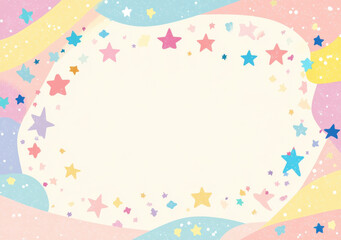 Bright and colorful flat illustration background featuring pastel stars and swirls, perfect for text placement. Ideal for invitations, greeting cards, or children themes