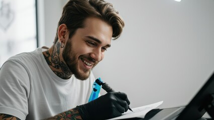 European male tattoo artist sketching design in tattoo studio Emphasizes artistry, creativity, and tattoo culture