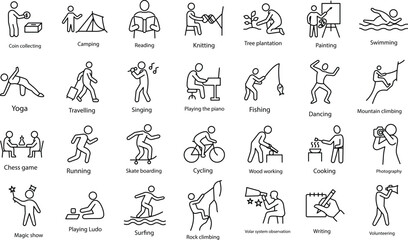 Icon Set Representing a Wide Range of Exciting Hobbies and Activities.