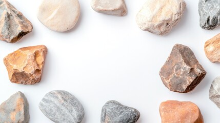 decorative stones of various shapes and sizes scattered elegantly on pristine white background