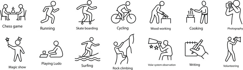 Dynamic Hobby and Activity Icons for Creative and Active Lifestyles.