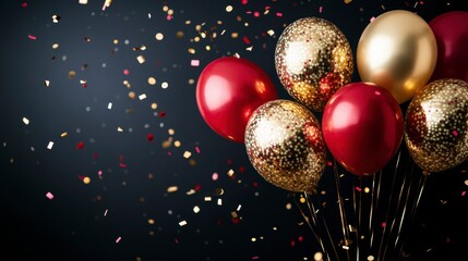 Festive balloons, confetti, dark background. Celebration concept
