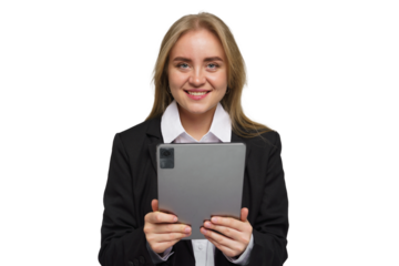 Professional woman smiling and holding a tablet in a business setting