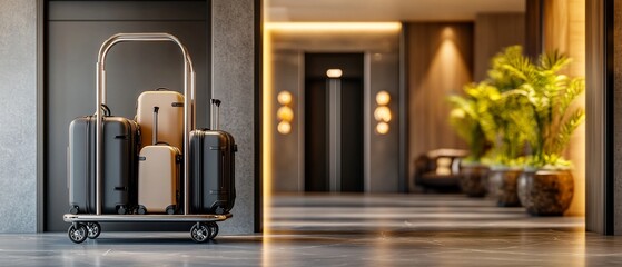 Luggage cart with suitcases in hotel lobby