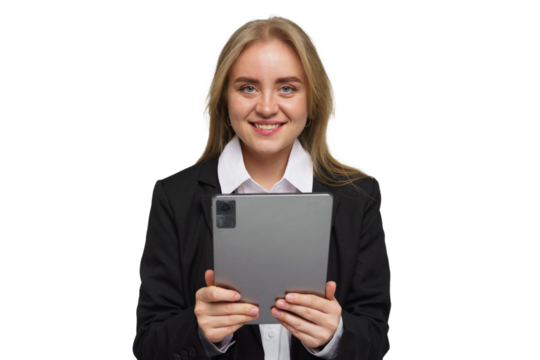 Professional woman smiling and holding a tablet in a business setting