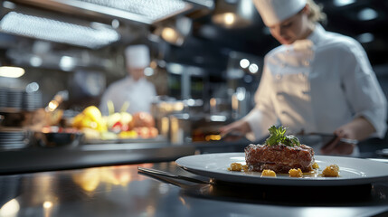 chef prepares gourmet dish in modern kitchen, showcasing culinary skills and creativity
