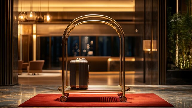 Luxurious hotel lobby with a luggage cart