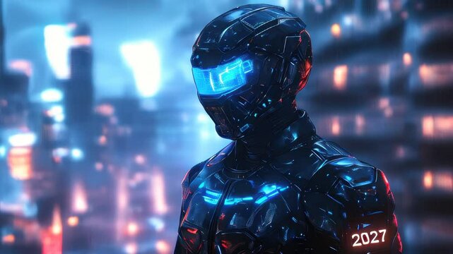 Glowing blue-eyed futuristic man in high-tech suit roaming futuristic cityscape at night illuminated by neon lights and holographic displays, New year 2027