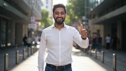 Fototapeta premium South Asian man giving thumbs up in urban street setting conveys positivity and confidence in community