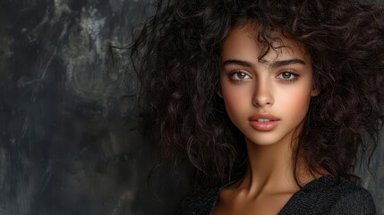 Fototapeta premium Young Woman with Curly Hair Posing Against a Dark Background