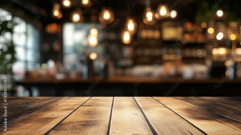 Poster An empty brown wooden table is set against a softly blurred backdrop of a warm, inviting space adorned with glowing lights. This is a perfect spot for sharing conversations and memories