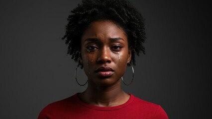 Obraz premium Black woman crying in red shirt with hoop earrings against dark background, expressing sadness, themes of mental health and diversity