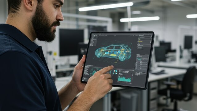 Caucasian man analyzing vehicle data on tablet in modern workspace Focus on technology and innovation
